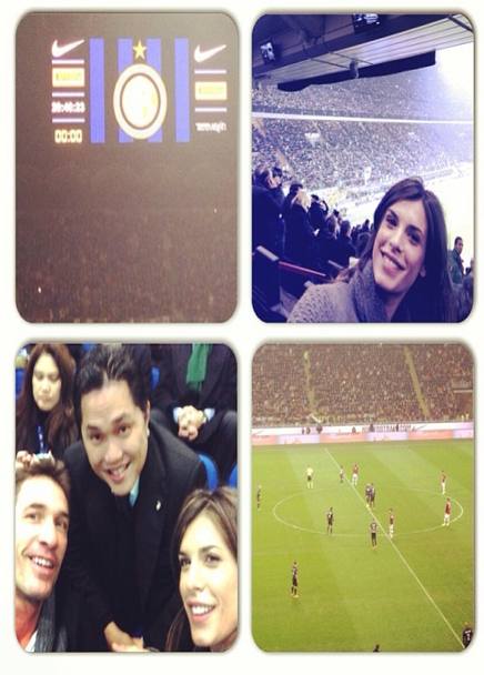 Il collage pubblicato da Elisabetta Canalis su Instagram: la foto del tabellone, la sua, quella con Thohir e una prima del fischio di inizio. Instagram